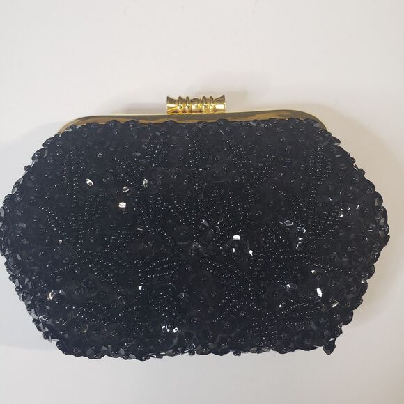 Elegant Vintage MCM Black Beaded Coin Purse 4" Kiss Lock Made in Hong Kong Bag - Picture 2 of 9